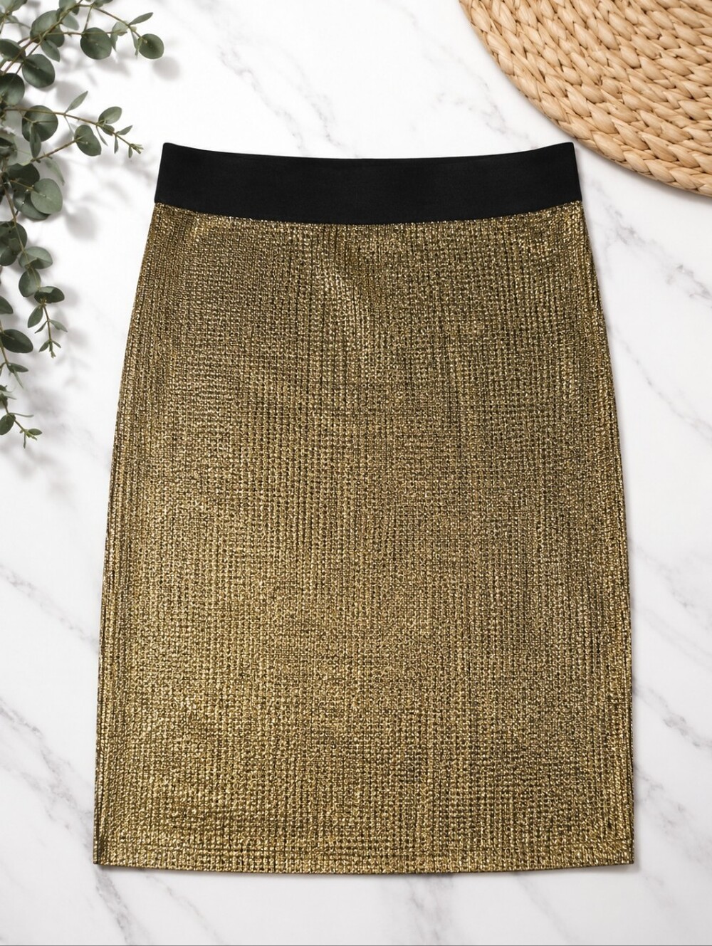 Gold and Black Sequin Knee-Length Pencil Skirt